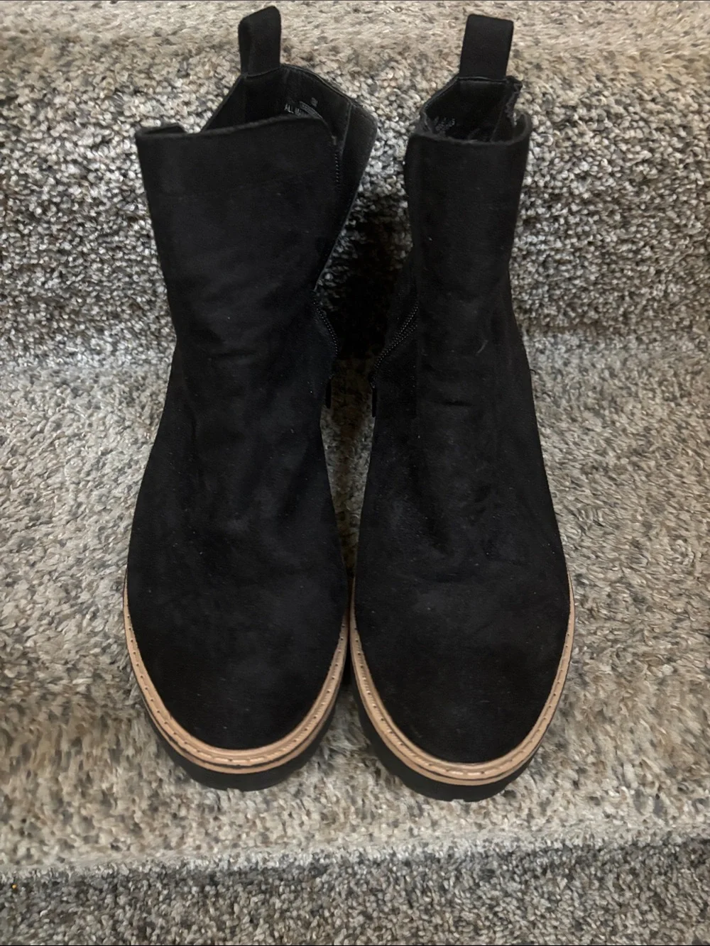 Maurices Black Suede Wedge Ankle Booties with Tan Trim